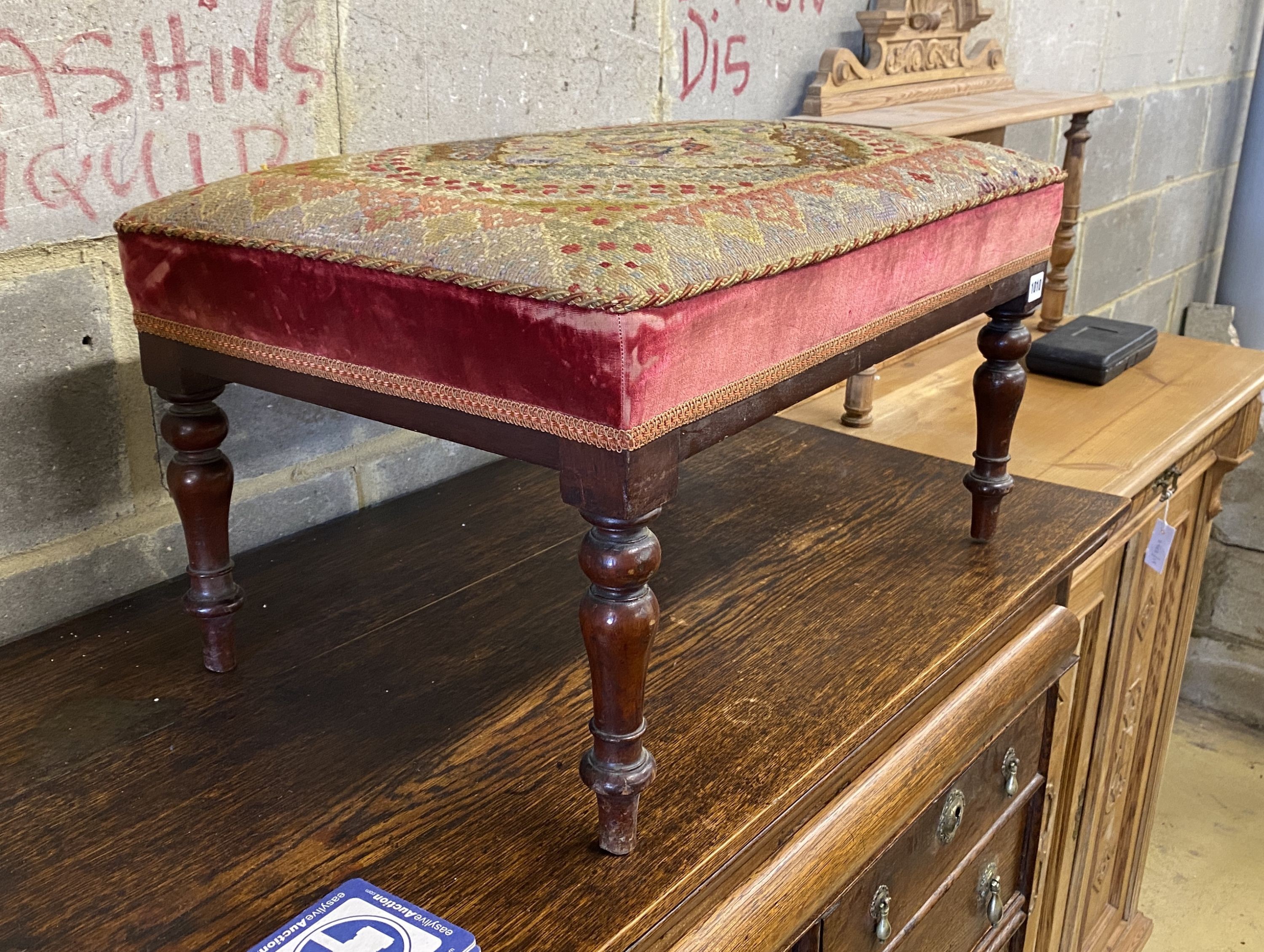 A Victorian rectangular mahogany dressing stool with tapestry seat, width 62cm, depth 44cm, height 36cm